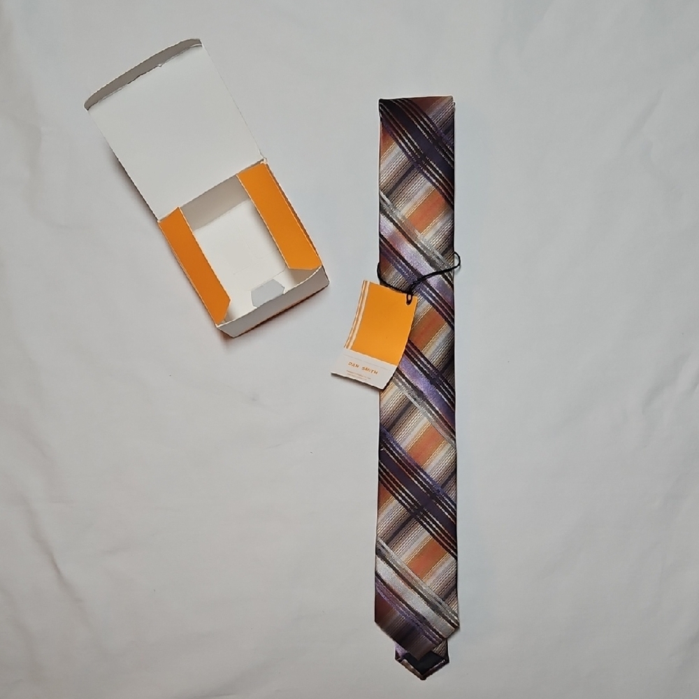 NEW Dan Smith Skinny Neck Tie in Gift Box Plaid Orange Purple Stripes Necktie
